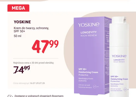 Krem do twarzy ochronny SPF 50+ Yoskine Longevity Ikigai Renew promocja w Rossmann