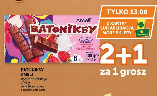 Batoniki z czekolady mlecznej z nadzieniem o smaku truskawkowym Ameli promocja w Groszek