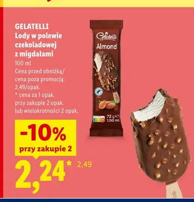Lody w polewie czekoladowej z migdałami Gelatelli Almond promocja w Lidl