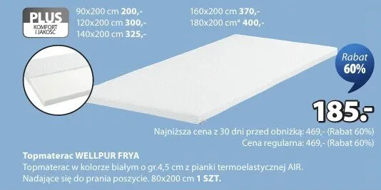 Topmaterac Wellpur Frya w kolorze białym o gr.4,5cm z pianki termoelastycznej AIR 80x200cm promocja w Jysk