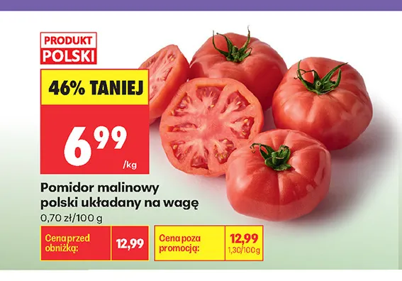 Pomidory malinowe polskie układane na wagę promocja w Biedronka