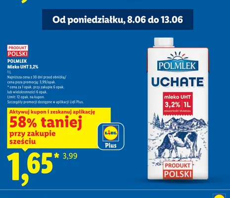 Mleko UHT 3,2% Polmlek Uchate promocja w Lidl