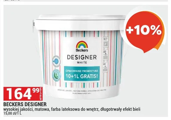 Farba lateksowa matowa Beckers Designer White promocja w Merkury Market