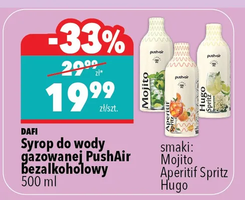 Syrop do wody gazowanej PushAir Bezalkoholowy 500 ml smaki: Mojito, Aperitif Spritz, Hugo promocja w Biedronka Home