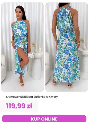Sukienka kremowo-niebieska w kwiaty ModnaKiecka.pl promocja w Modna Kiecka