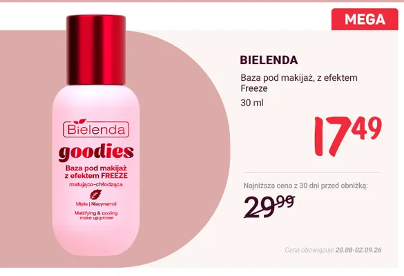 Baza pod makijaż Bielenda Goodies z efektem Freeze matująco-chłodząca promocja w Rossmann