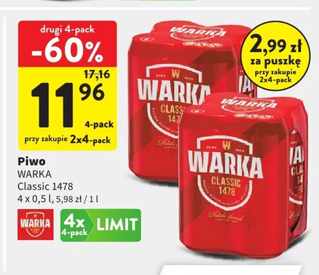 Piwo Warka Classic 1478 4-pak promocja w Intermarche