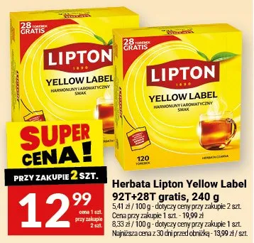 Herbata Lipton Yellow Label 92T+28T gratis promocja w Twój Market