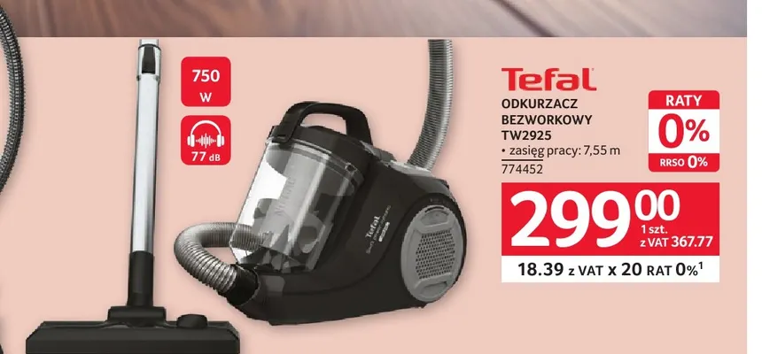 Odkurzacz bezworkowy TW2925 Tefal promocja w Selgros