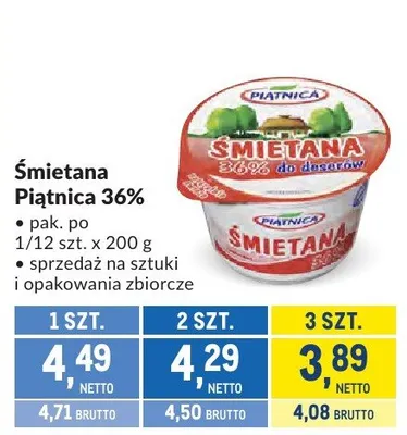 Śmietana Piątnica 36% promocja w Makro