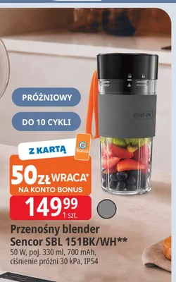 Przenośny blender Sencor SBL 151BK/WH 50W poj. 330ml 700mAh ciśnienie próżni 30kPa IP54 promocja w Leclerc