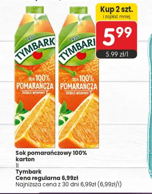 Sok pomarańczowy karton Tymbark 100% promocja w Market Point