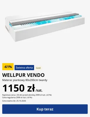 Materac piankowy 80x200 cm twardy Wellpur Vendo promocja w Jysk