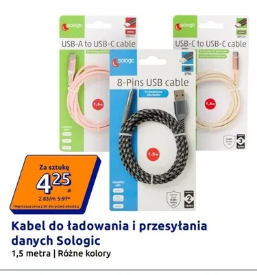 Kabel do ładowania i przesyłania danych Sologic 8-Pins USB 1,5m promocja w Action