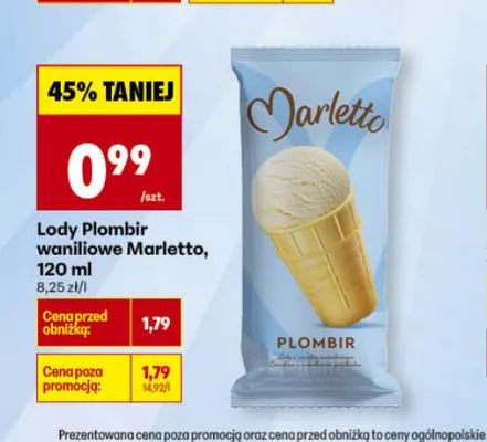 Lody Plombir waniliowe Marletto promocja w Biedronka