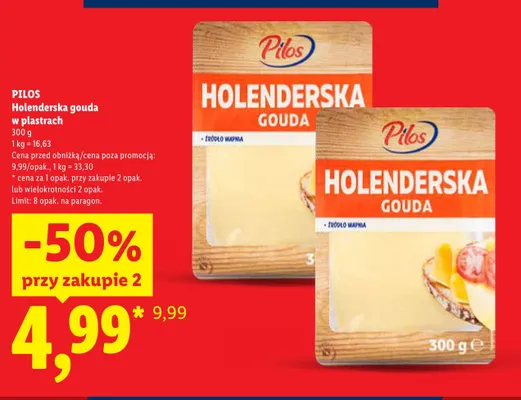 Ser holenderska gouda w plastrach Pilos promocja w Lidl