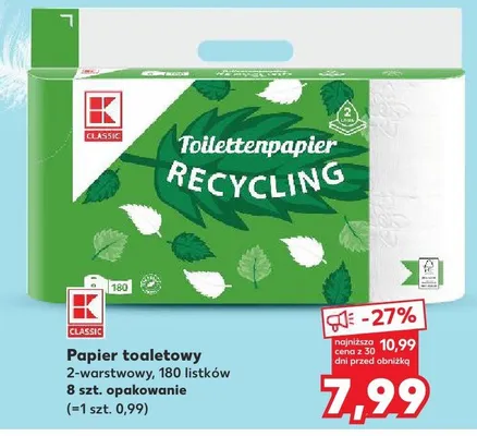 Papier toaletowy 2-warstwowy, 180 listków, 8szt. opakowanie promocja w Kaufland