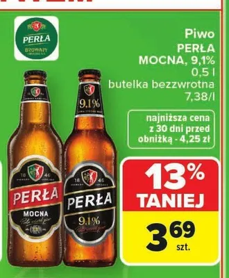 Piwo Perła Mocna 9,1% butelka bezzwrotna promocja w Carrefour Market
