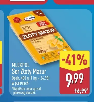 Ser Złoty Mazur w plastrach Mlekpol promocja w Aldi