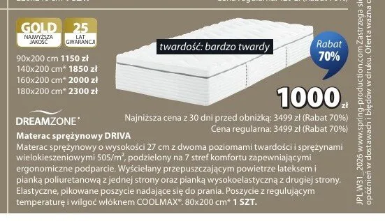Materac sprężynowy DREAMZONE DRIVA 80x200 cm promocja w Jysk
