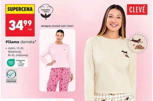 Piżama damska beżowa Clevé promocja w Biedronka