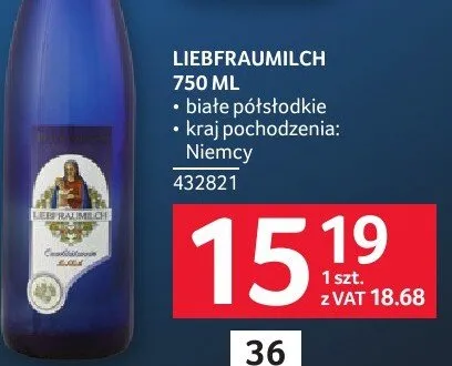 Piwo mleko Liebfraumilch 750ml białe półsłodkie kraj pochodzenia: Niemcy promocja w Selgros