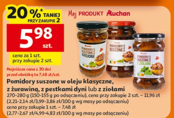 Pomidory suszone w oleju klasyczne, z żurawiną, z pestkami dyni lub z ziołami Auchan promocja w Auchan