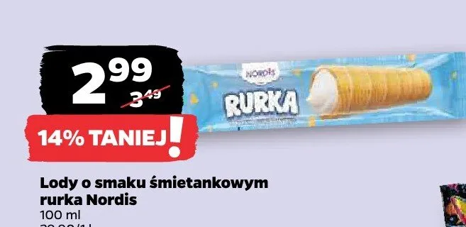 Lody o smaku śmietankowym rurka Nordis promocja w Netto
