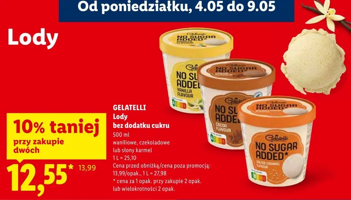 Lody bez dodatku cukru Gelatelli No Sugar Added słony karmel promocja w Lidl