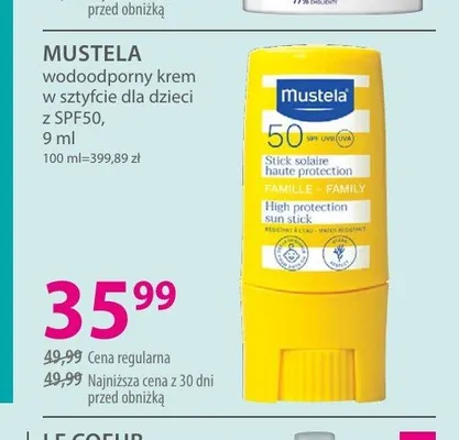 Wodoodporny krem w sztyfcie dla dzieci z SPF50 MUSTELA promocja w Hebe