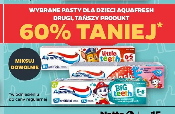 Pasta do zębów dla dzieci Aquafresh Little Teeth 3-5 lat promocja w Netto