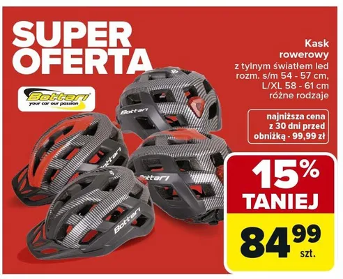 Kask rowerowy z tylnym światłem led rozm. s/m 54 - 57 cm, L/XL 58 - 61 cm różne rodzaje promocja w Carrefour
