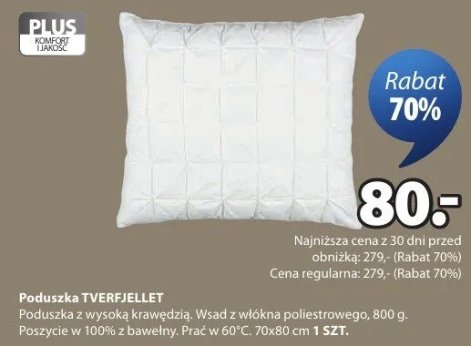 Poduszka Tverfjellet poduszka z wysoką krawędzią wkład z włókna poliestrowego 800g poszycie w 100% z bawełny 60°C 70x80 cm promocja w Jysk
