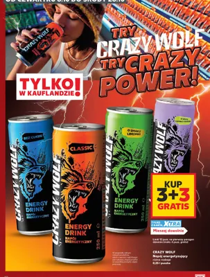 Napój energetyzujący o smaku czarnej porzeczki Crazy Wolf promocja w Kaufland