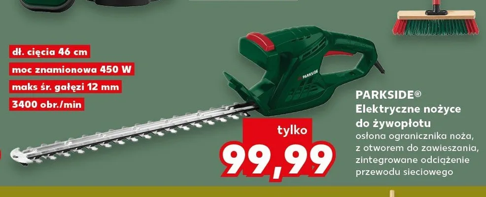 Elektryczne nożyce do żywopłotu PARKSIDE osłona ogranicznika noża, z otworem do zawieszania, zintegrowane odciążenie przewodu sieciowego dł. cięcia 46 cm moc znamionowa 450W maks śr. gałęzi 12 mm 3400 obr./min promocja w Kaufland