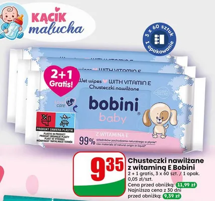 Chusteczki nawilżane z witaminą E Bobini baby 2+1 gratis 3x60szt promocja w Dino