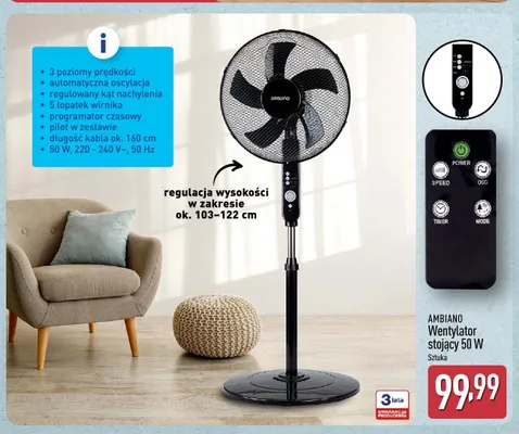 Wentylator stojący AMBIANO 50W promocja w Aldi