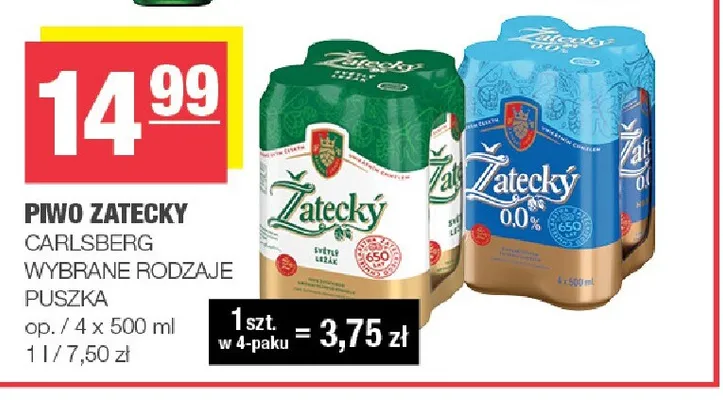 Piwo Zatecky Svetly Lezak 4-pak 500 ml promocja w SPAR