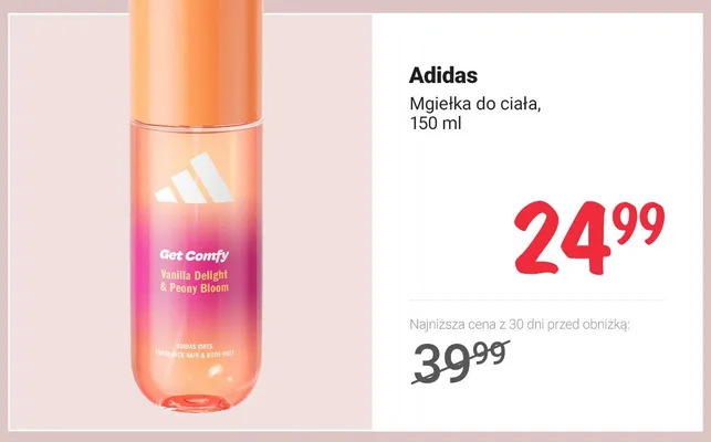 Mgiełka do ciała Adidas Get Comfy Vanilla Delight & Peony Bloom promocja w Rossmann