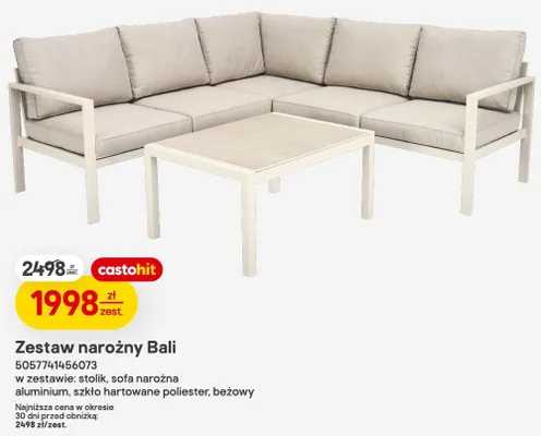 Zestaw narożny Bali w zestawie: stolik, sofa narożna aluminium, szkło hartowane poliester, beżowy promocja w Castorama