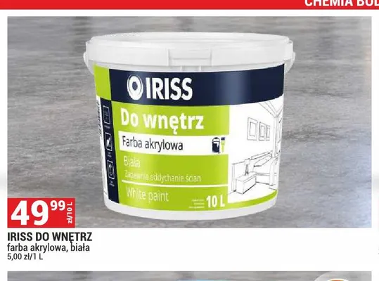 Farba akrylowa biała do wnętrz Iriss promocja w Merkury Market