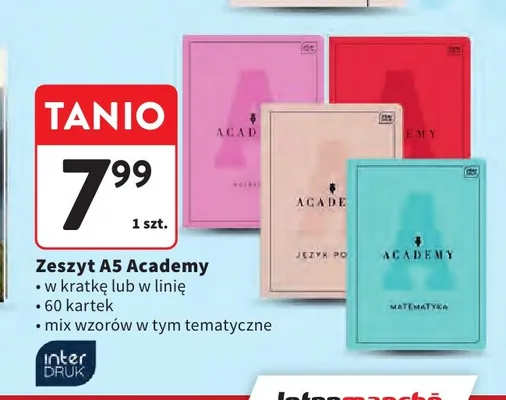 Zeszyt A5 w kratkę 60 kartek Academy Interdruk promocja w Intermarche