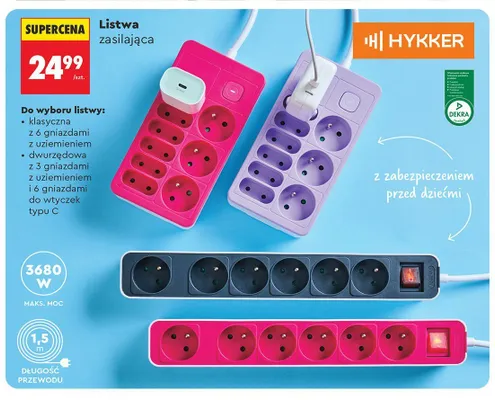 Listwa zasilająca dwurzędowa Hykker promocja w Biedronka