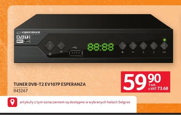 Tuner DVB-T2 EV107P Esperanza promocja w Selgros