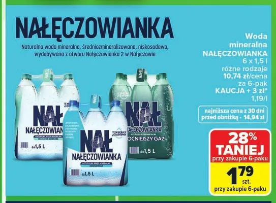 Woda mineralna NAŁĘCZOWIANKA mocniejszy gaz 6-pak 1,5l promocja w Carrefour Market