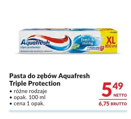 Pasta do zębów Aquafresh Triple Protection 100 ml promocja w Makro