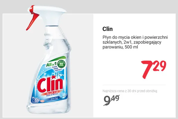 Płyn do mycia okien i powierzchni szklanych Clin 2w1 zapobiegający parowaniu promocja w Rossmann