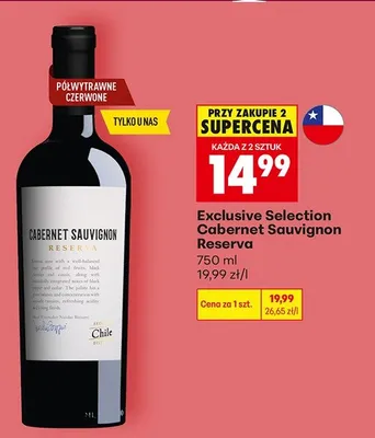 Wino czerwone półwytrawne Exclusive Selection Cabernet Sauvignon Reserva promocja w Biedronka