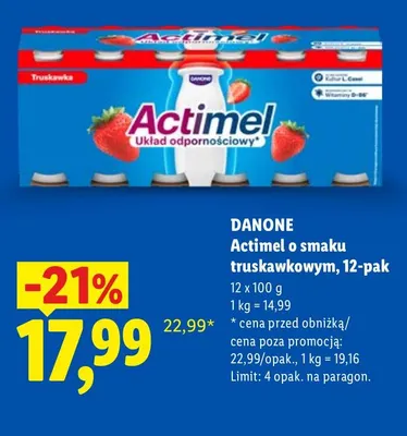 Actimel o smaku truskawkowym 12-pak Danone promocja w Lidl