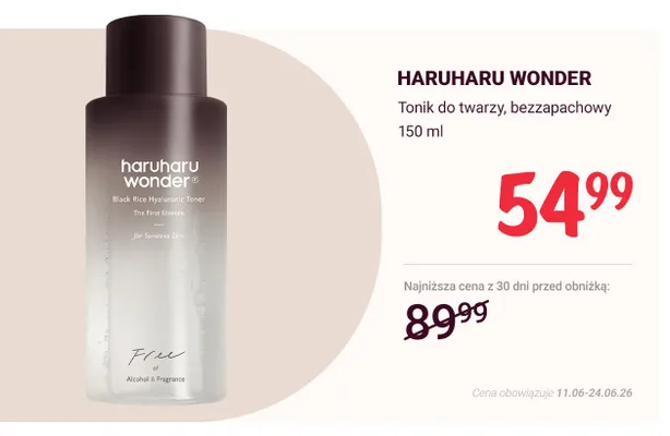 Tonik do twarzy bezzapachowy Haruharu Wonder promocja w Rossmann